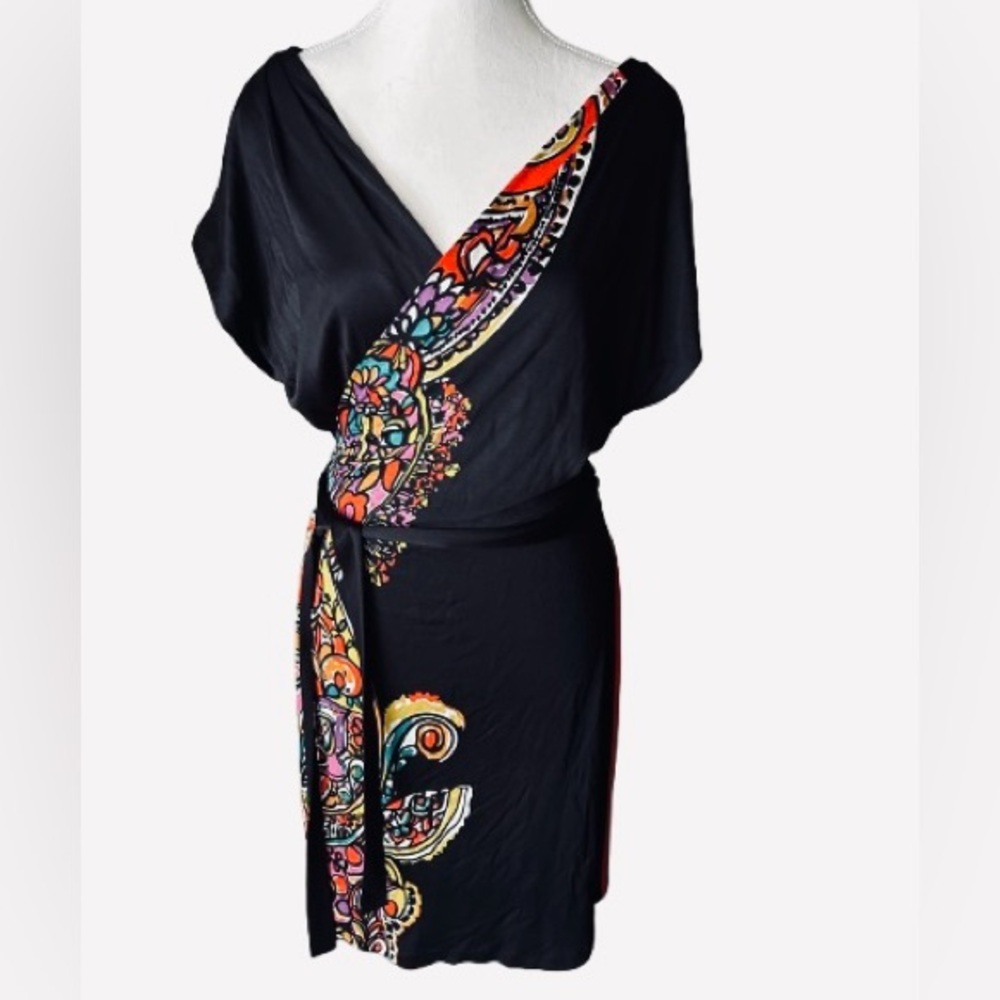 Yoana Baraschi Dress Medium Black & Orange Paisley Wrap Boho Floral Designer